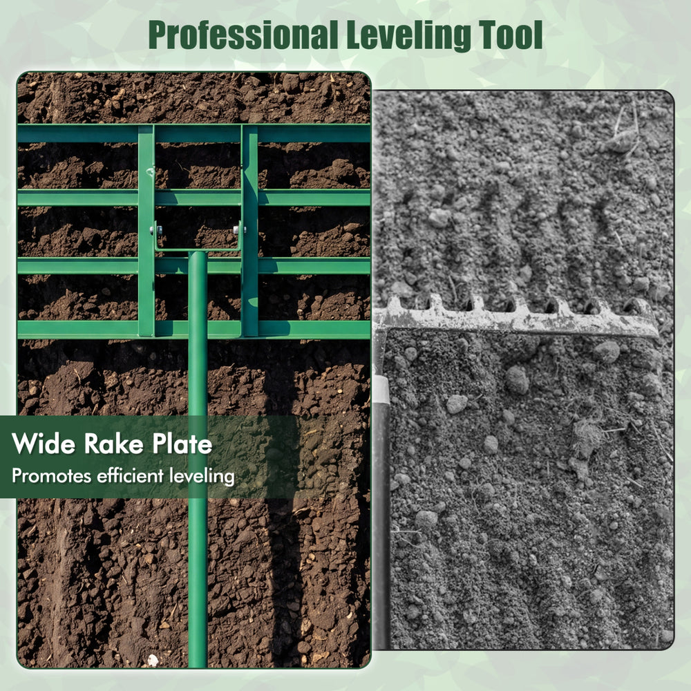 Lawn leveling rake with a 42 x 10 inch wide rake plate and ergonomic handle for efficient lawn surface leveling.