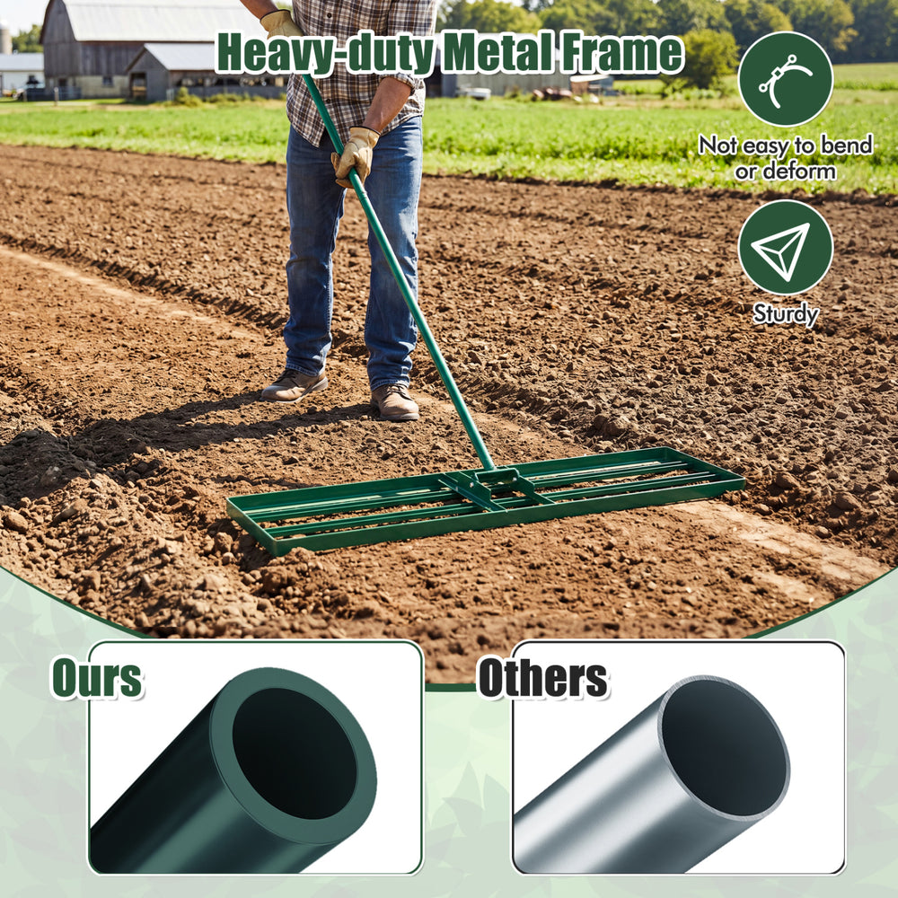 Lawn leveling rake with a 42 x 10 inch plate, ergonomic handle, and sturdy rustproof metal frame for easy lawn maintenance.