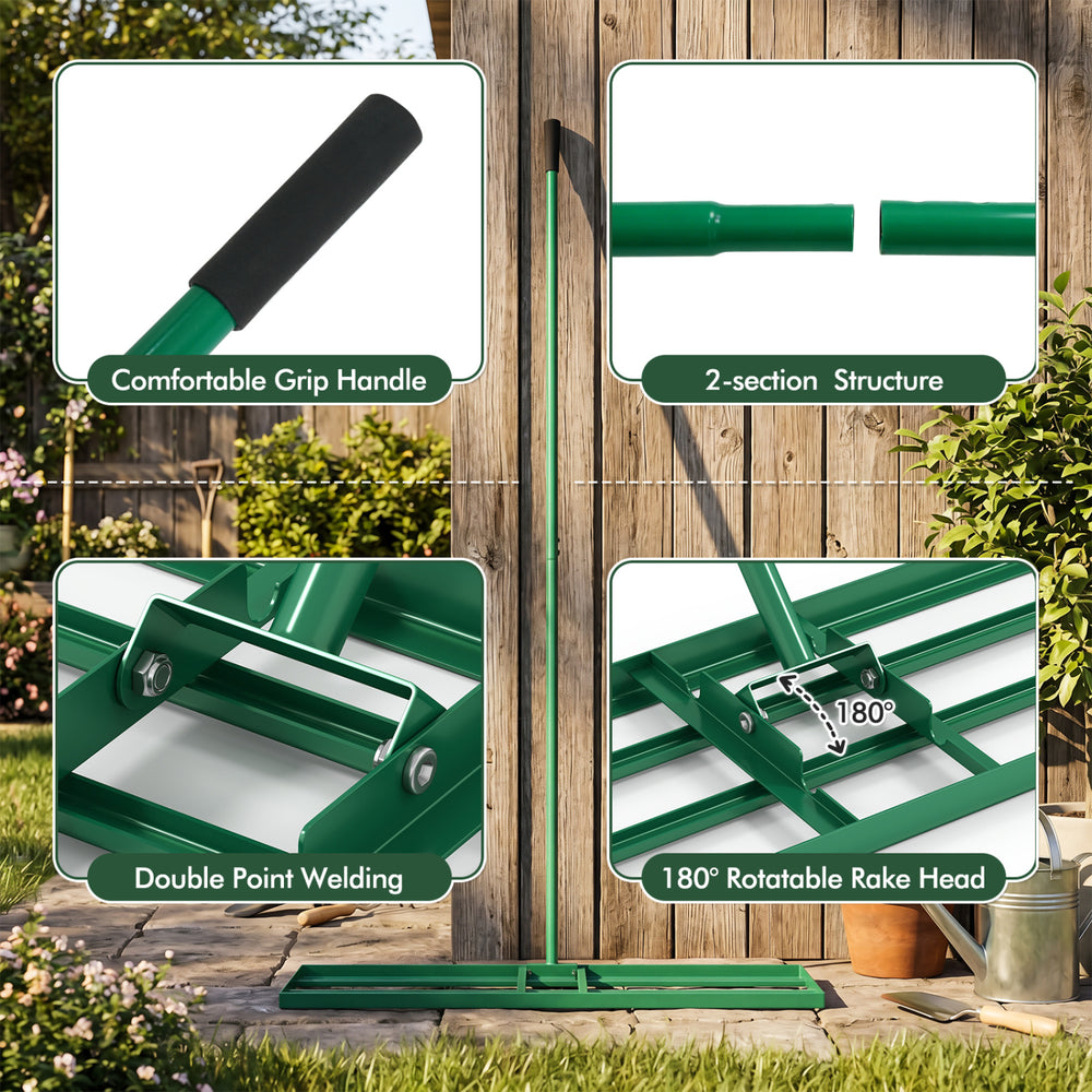 Lawn leveling rake features a 42 x 10 inch plate, ergonomic handle, and 180° rotatable head for efficient lawn care.