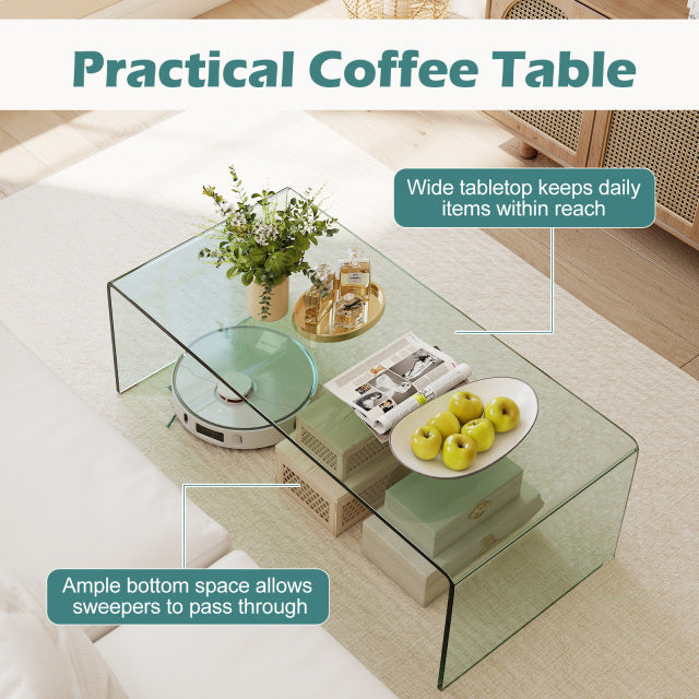 Clear tempered glass coffee table with rounded edges, 42 x 19.7 inches, ideal for living room elegance and.