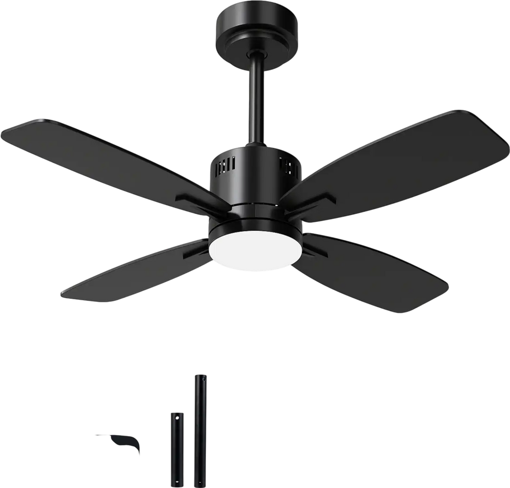 42-inch black ceiling fan with light and remote, featuring dual-color blades and 6 speeds for versatile indoor comfort.