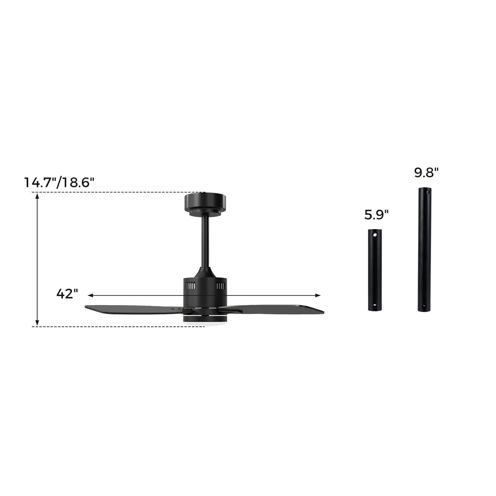 42-inch black ceiling fan with light, showcasing dimensions and included downrods for versatile ceiling height.