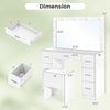 Dimension diagram of the 43.5-inch white vanity desk with LED mirror, showing storage drawers and stool measurements.