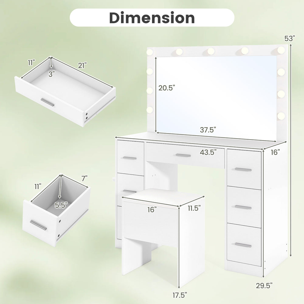 Dimension diagram of the 43.5-inch white vanity desk with LED mirror, showing storage drawers and stool measurements.