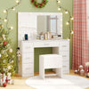 White 43.5-inch vanity desk with LED mirror and lights, featuring 7 drawers and a storage stool for bedroom use.