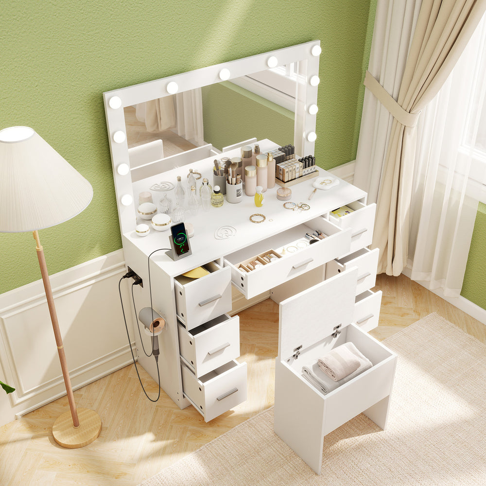 White 43.5-inch vanity desk with LED mirror, adjustable lights, and 7 drawers, perfect for bedroom organization.