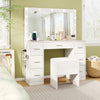White 43.5-inch vanity desk with LED mirror, 7 drawers, and storage stool for bedroom organization and style.
