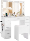 White 43.5-inch vanity desk with LED mirror, adjustable lights, and 7 drawers for organized bedroom storage.
