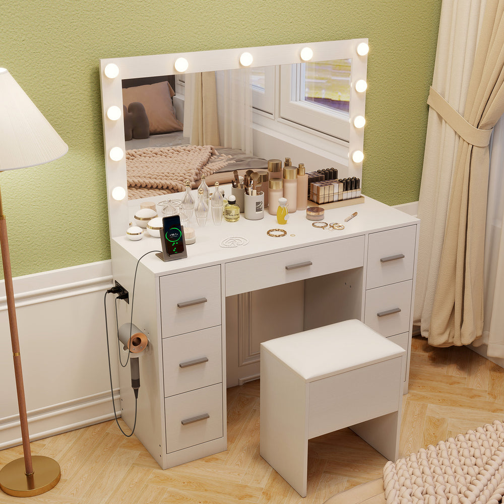 LED mirror with adjustable colors and brightness on the 43.5-inch white vanity desk, enhancing bedroom elegance and.