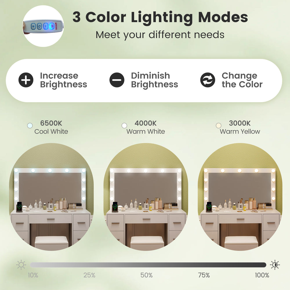 43.5-inch white vanity desk with LED mirror, adjustable brightness, and color settings for bedroom convenience.