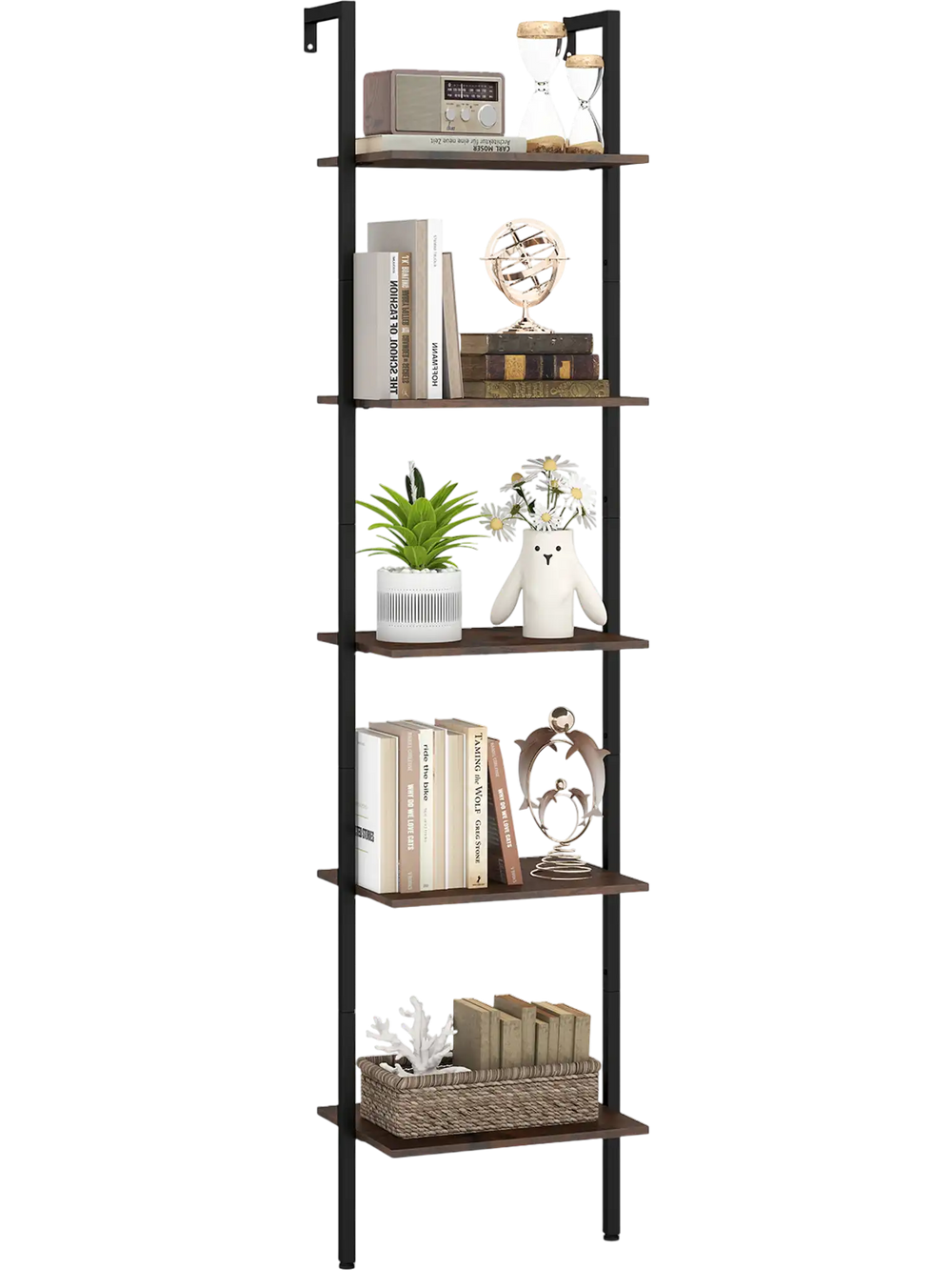 5-tier wall mount ladder shelf in rustic brown, featuring a sturdy metal frame and ample storage for books and decor.