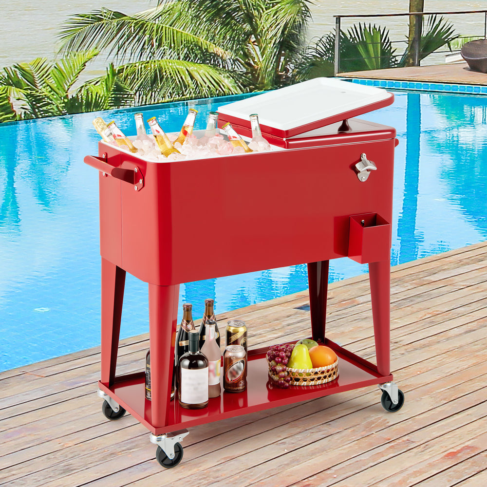 Red portable patio cooler with 80-quart capacity, bottom storage shelf, and bottle opener, perfect for outdoor.