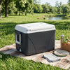 Portable 43.3 Quart hard cooler in black with 4 cup holders, ideal for camping, picnics, and outdoor activities.