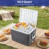 Portable 43.3 Quart hard cooler in black with ice retention, cup holders, and food-grade liner for outdoor activities.