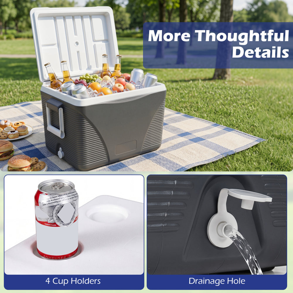 Portable 43.3 Quart hard cooler in black with 4 cup holders and drainage hole, ideal for camping and picnics.