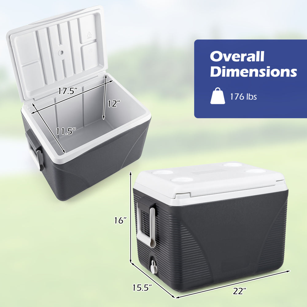 Portable 43.3 Quart hard cooler in black showcasing overall dimensions of 22 x 16 x 12 inches, perfect for outdoor adventures.