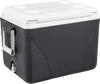 Portable 43.3 Quart hard cooler in black with handles and 4 cup holders, ideal for camping, fishing, and picnics.