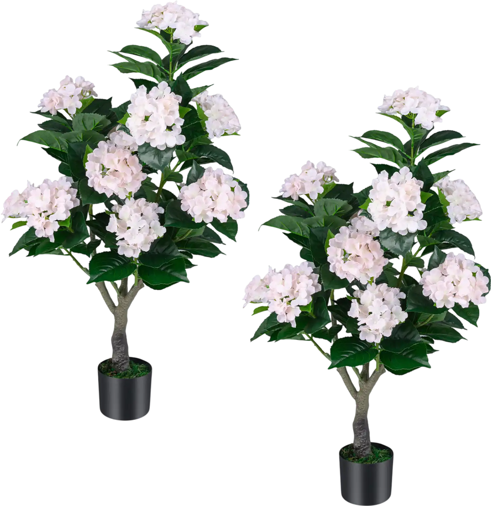 Artificial hydrangea tree set featuring 11 pink flowers and dense foliage, perfect for patios or living rooms.
