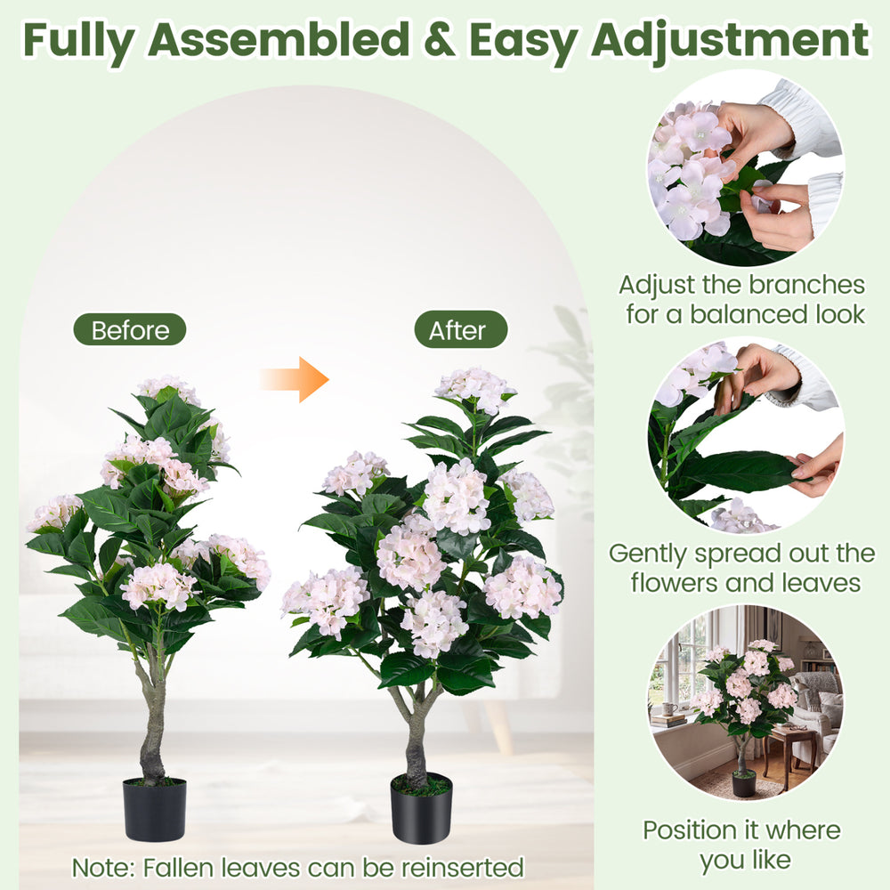 Close-up of the 43.5" artificial hydrangea tree's realistic trunk and dense pink flowers, ideal for home decoration.