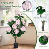 Artificial hydrangea tree with 11 pink flowers and dense foliage, perfect for patios or living rooms.