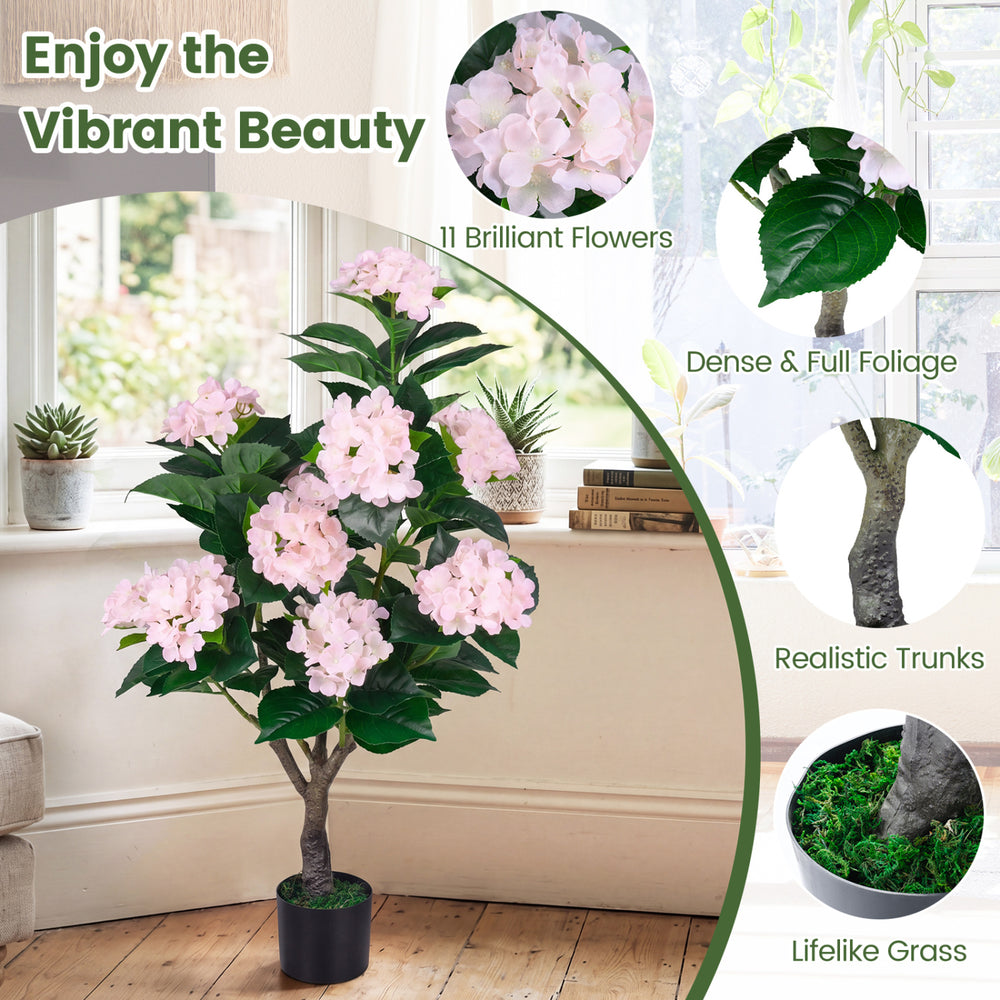 Artificial hydrangea tree with 11 pink flowers and dense foliage, perfect for patios or living rooms.