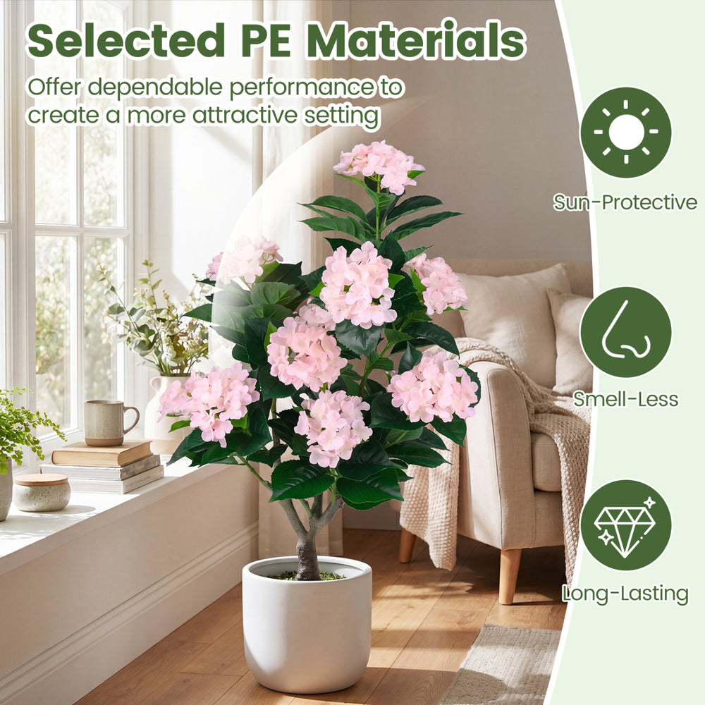 43.5" artificial hydrangea tree with pink flowers and dense foliage, perfect for patios or living rooms.