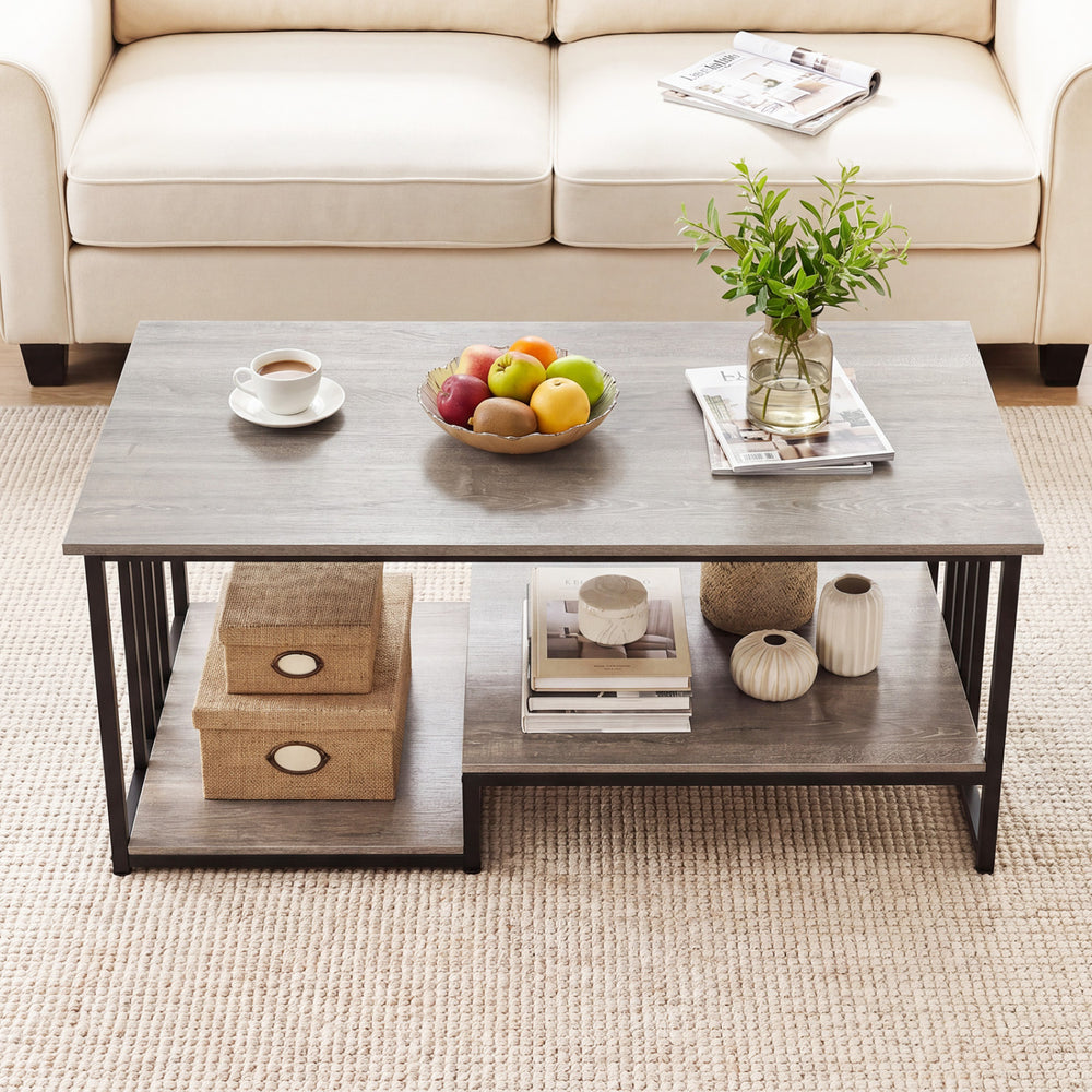 Rustic oak 43.5" coffee table showcasing a spacious top and lower open shelf, ideal for stylish living room storage.