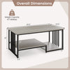 Dimensions of the 43.5" oak coffee table with 2-tier design, featuring an open storage shelf and sturdy metal frame.