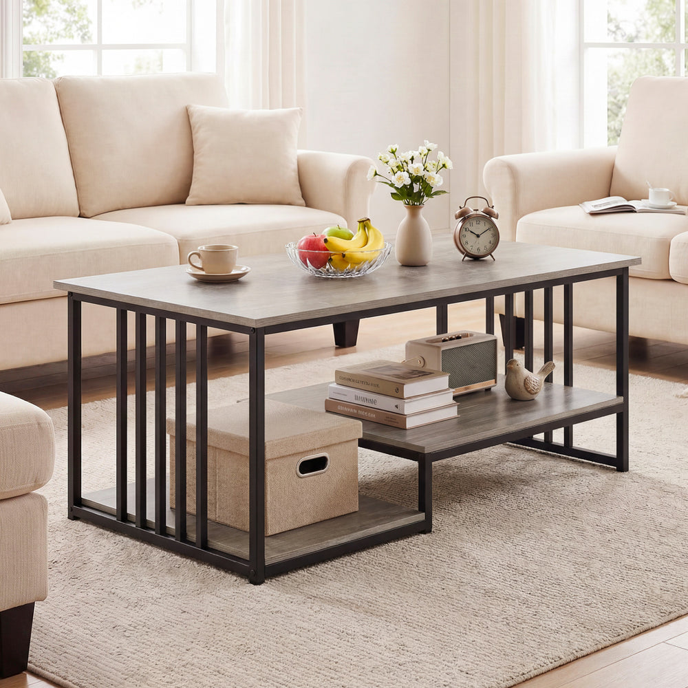 Two-tier 43.5" coffee table with open storage shelf, rustic oak finish, perfect for living room or office use.