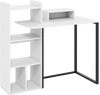 White 43.5" computer desk with ergonomic monitor stand, charging station, and multiple open shelves for storage.