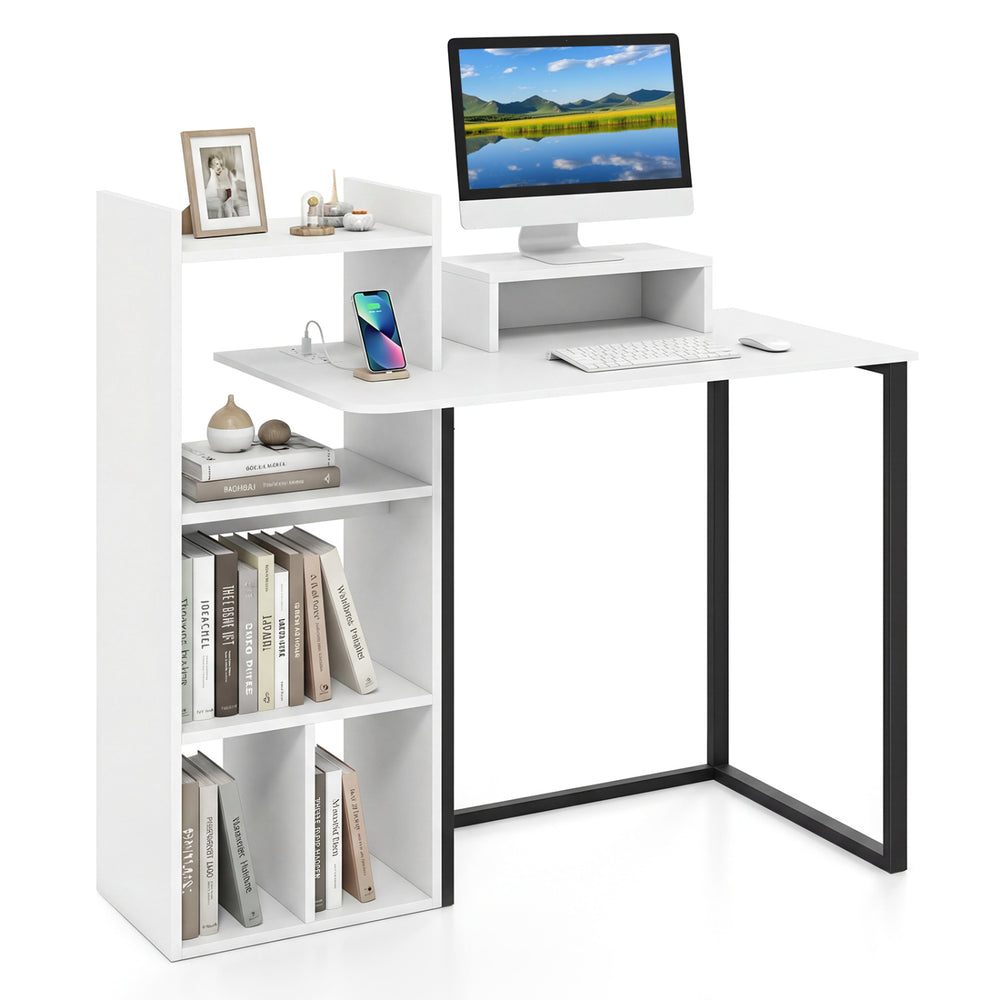 43.5" white computer desk with charging station, ergonomic monitor stand, and open shelves for organized storage.