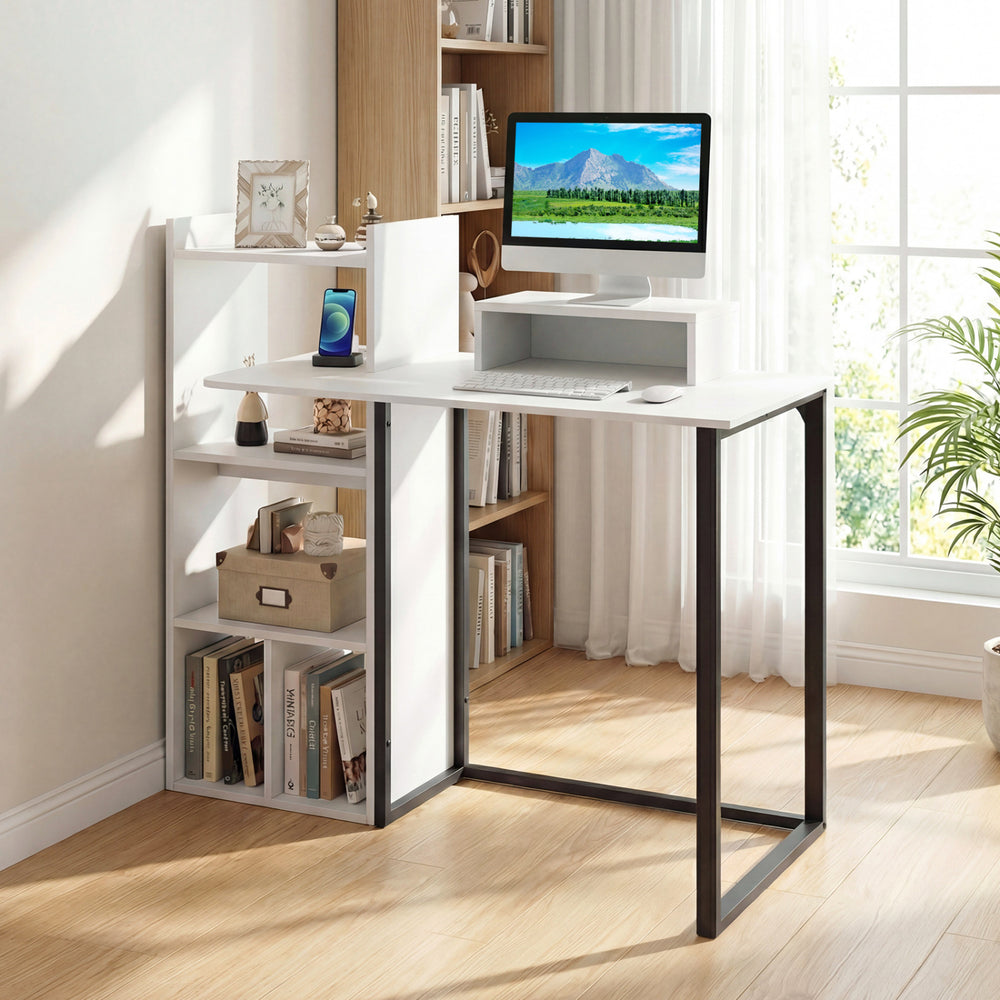 Computer desk with ergonomic monitor stand, charging station, and open shelves for storage, perfect for home or office.