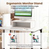 Ergonomic monitor stand on a 43.5" white computer desk with charging station, ideal for comfortable viewing and.
