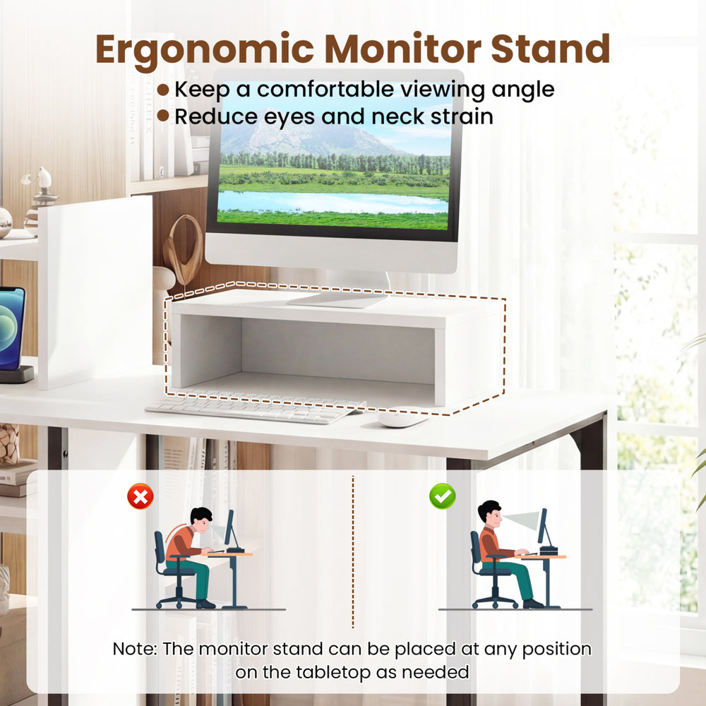 Ergonomic monitor stand on a 43.5" white computer desk with charging station, ideal for comfortable viewing and.