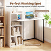 43.5" white computer desk with ergonomic monitor stand and integrated bookshelf for home office organization.