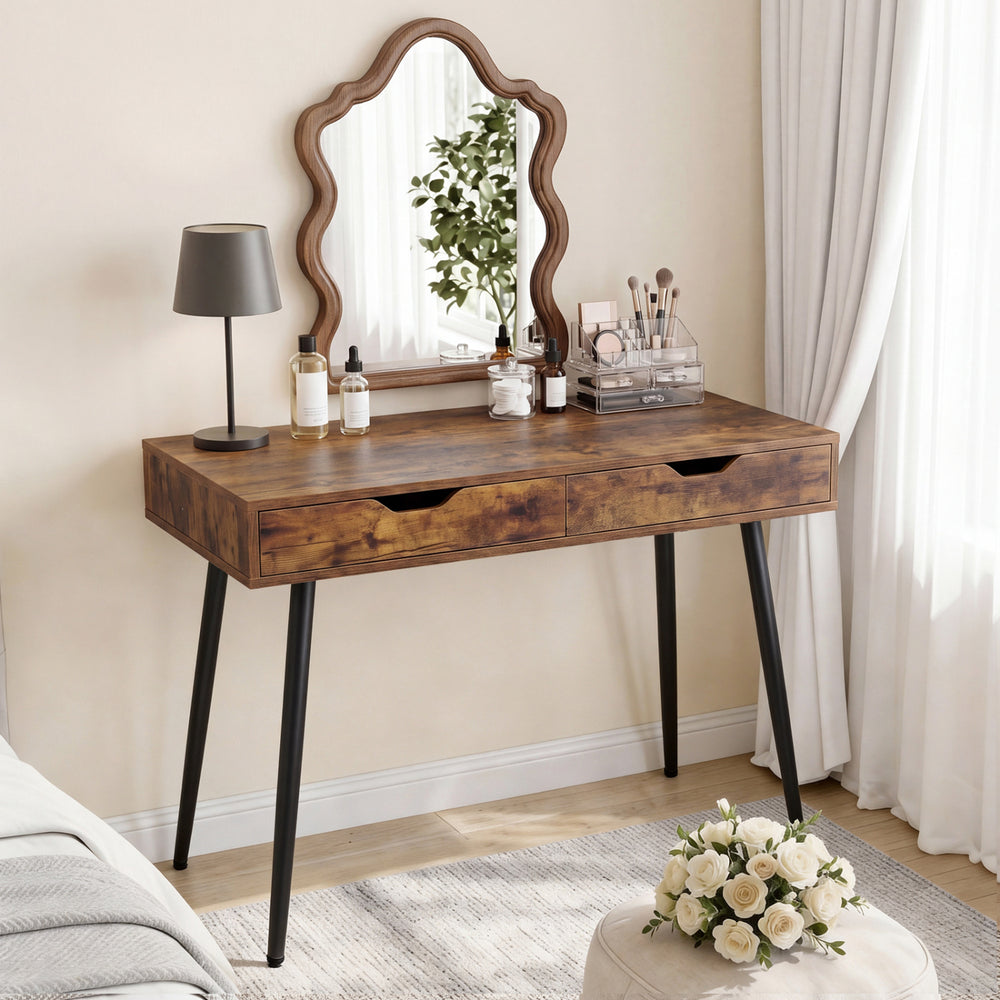 Walnut 43.5-inch computer desk with 2 drawers, solid rubber wood legs, ideal for small spaces or as a vanity table.
