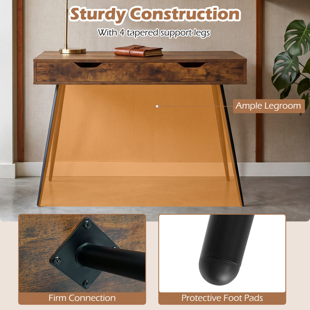 43.5-inch walnut computer desk with 2 drawers, sturdy rubber wood legs, and ample legroom for small spaces.