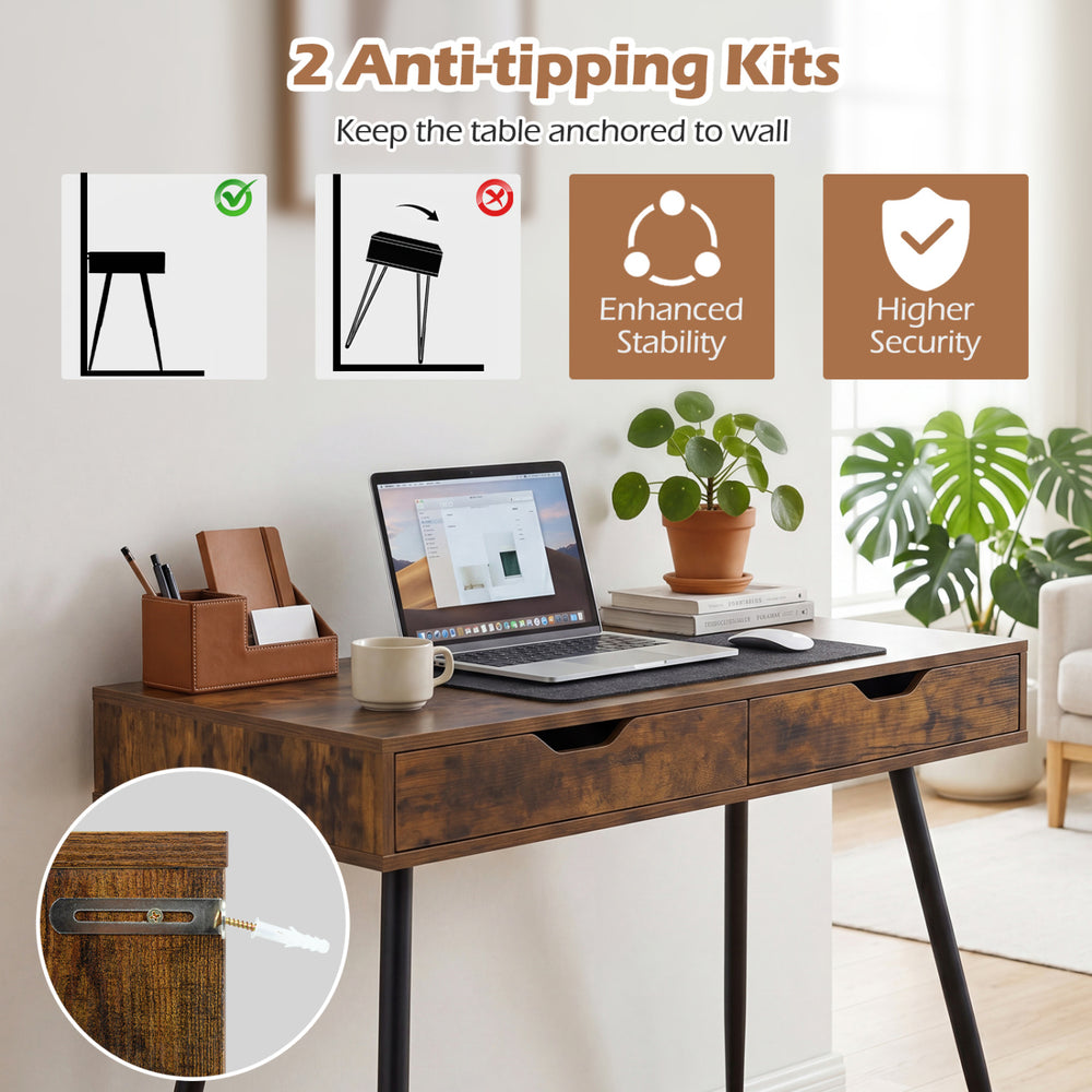 43.5-inch walnut computer desk with 2 drawers and anti-tipping kits for enhanced stability in small spaces.