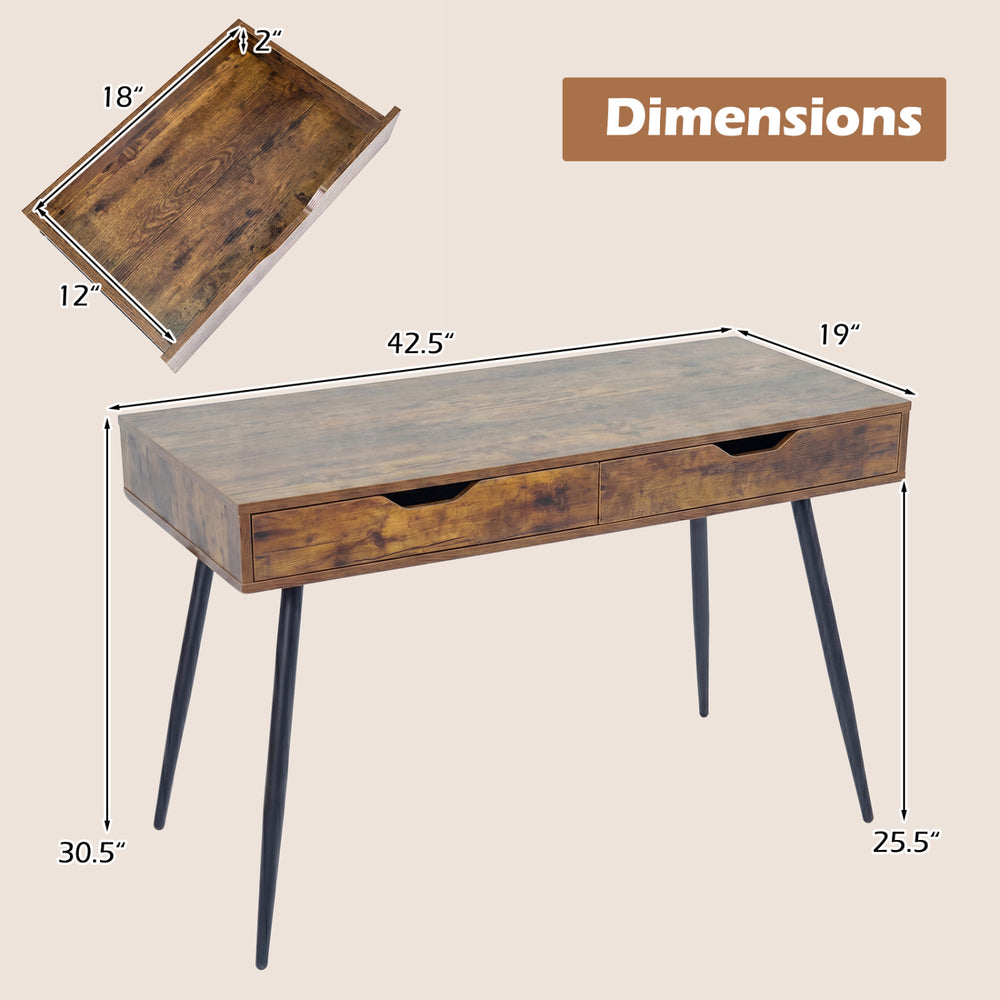 Dimensions of the 43.5-inch walnut computer desk with two drawers, featuring solid rubber wood legs and minimalist.