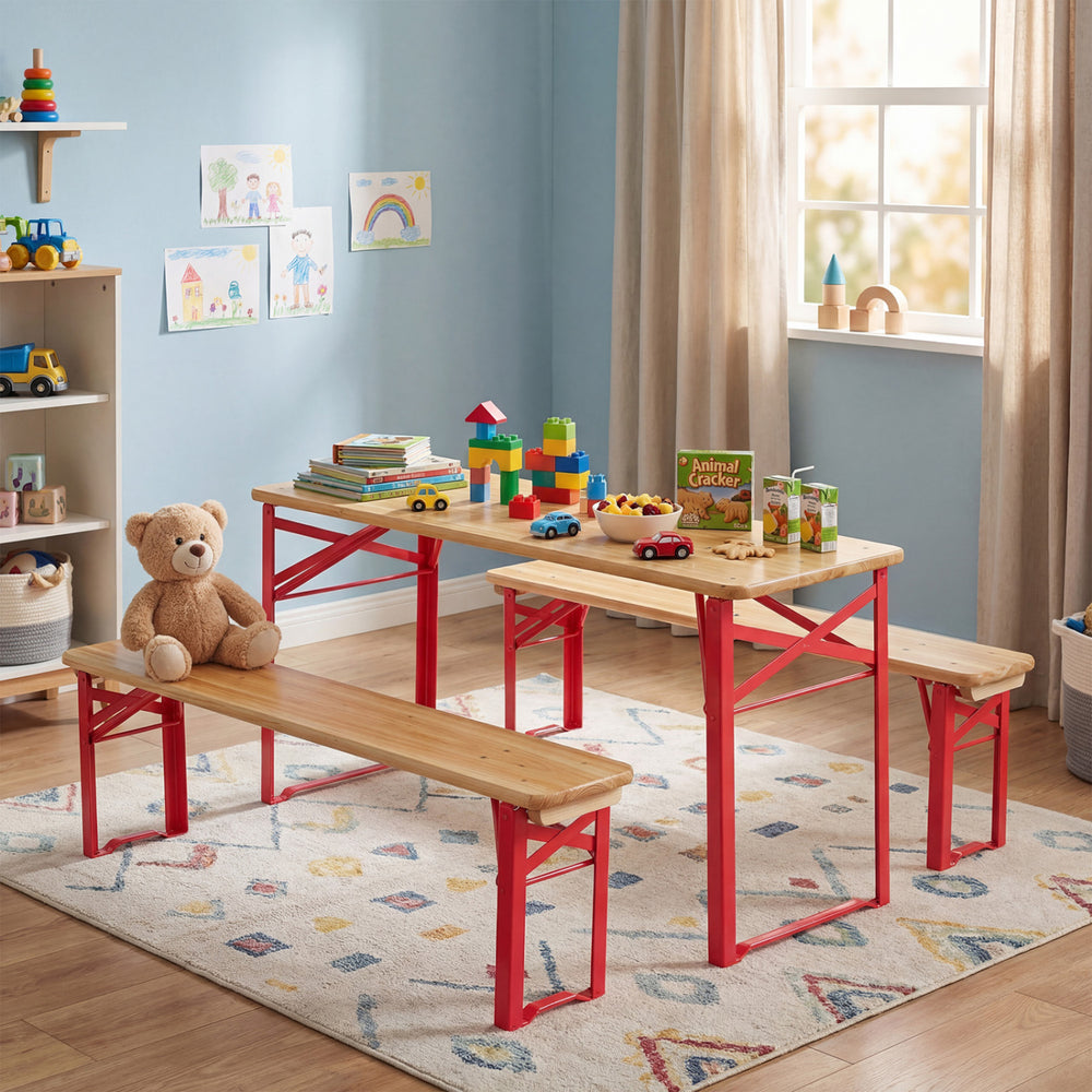 Folding kids picnic table and bench set in red with wooden top, perfect for indoor or outdoor playtime for four.