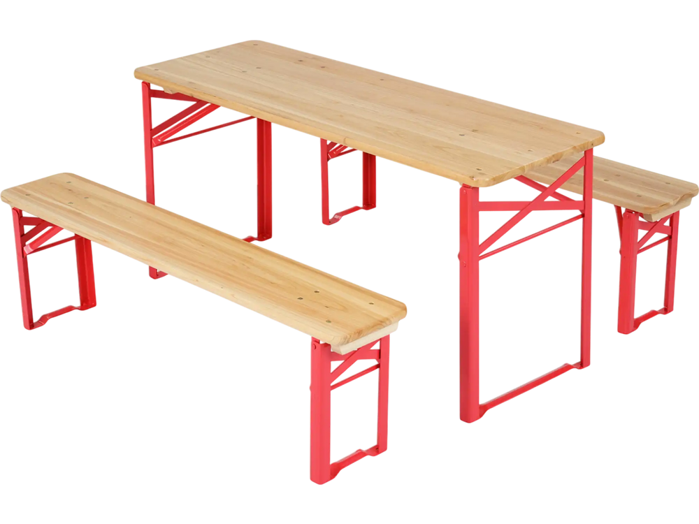 Folding kids picnic table and bench set with red metal frame and wooden top, perfect for indoor or outdoor use.