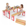 Kids picnic table and bench set in red with wooden top, perfect for indoor or outdoor playtime for four children.