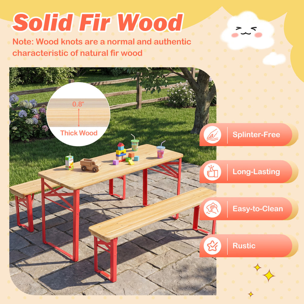 Folding kids picnic table and bench set made of solid fir wood, 43.5 inches, perfect for indoor and outdoor use.