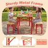 Folding kids picnic table and bench set in red, featuring a sturdy metal frame and wooden top for indoor and outdoor.