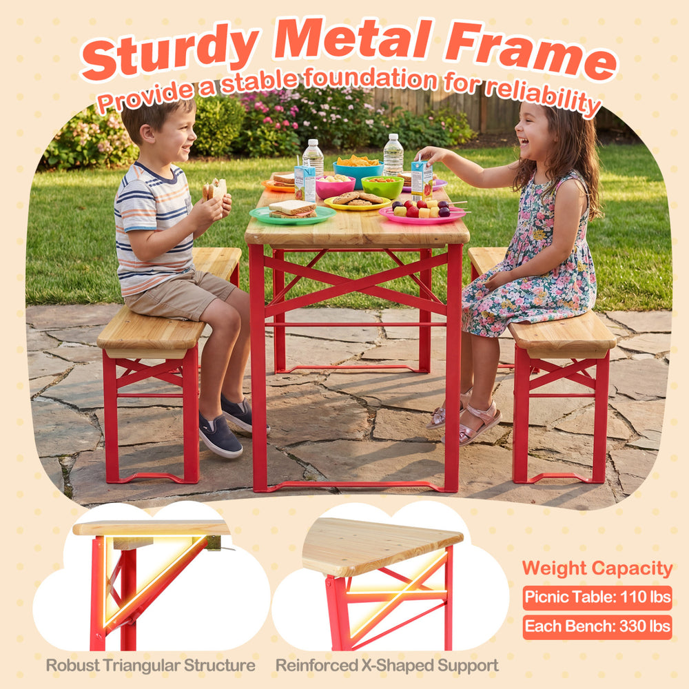 Folding kids picnic table and bench set in red, featuring a sturdy metal frame and wooden top for indoor and outdoor.