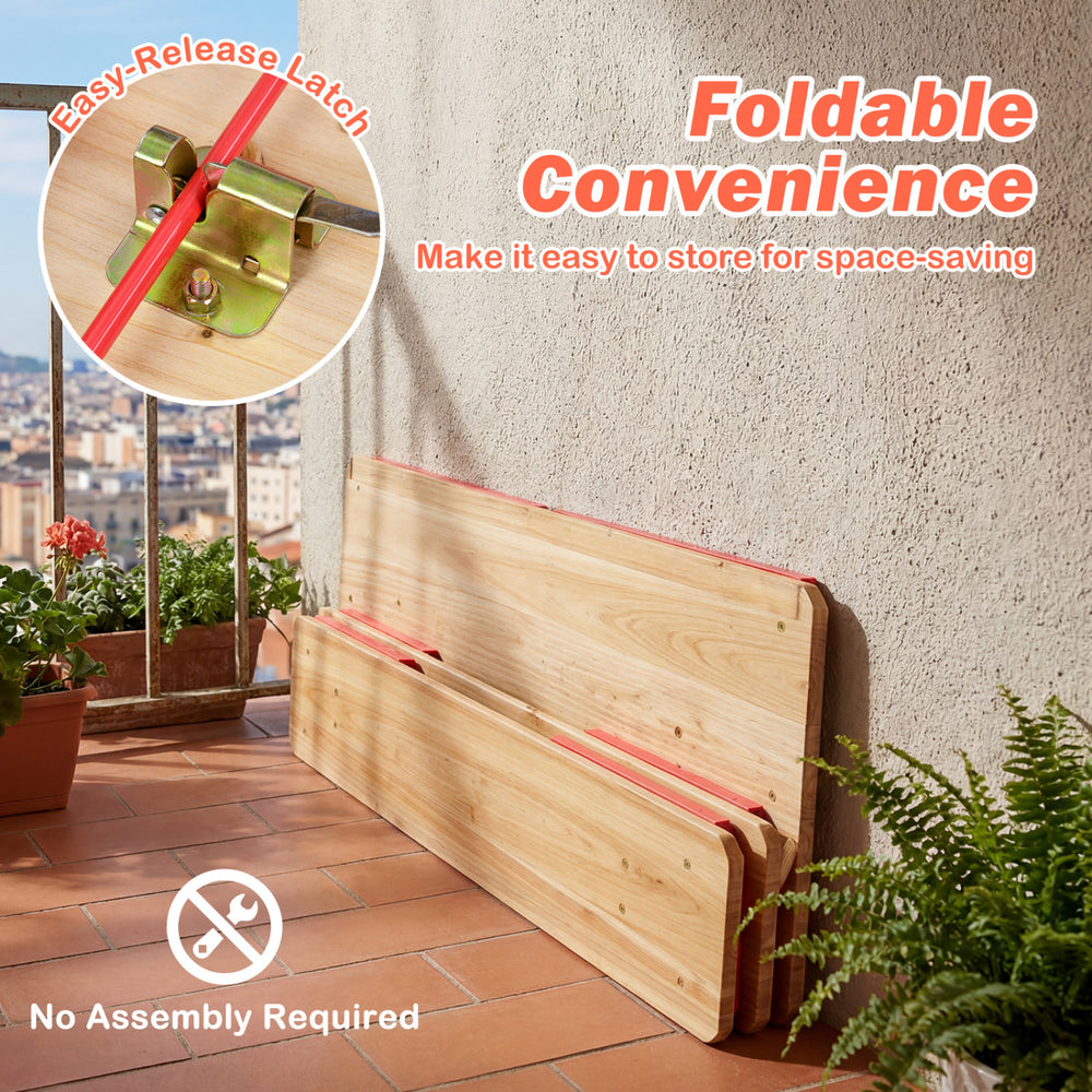 Foldable 43.5-inch kids picnic table set with red accents, featuring easy-release latches for space-saving storage.