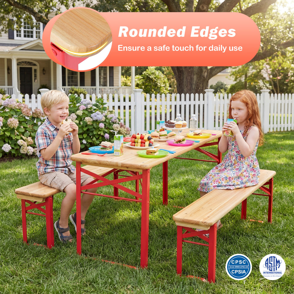 Kids picnic table and bench set with red metal frame and wooden top, perfect for outdoor play and easy storage.