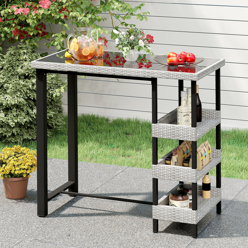Outdoor bar table with tempered glass top, anti-fading rattan, and 3 storage shelves for backyard or poolside use.