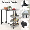 Outdoor bar table with tempered glass top, rattan edge, and three storage shelves, ideal for backyard or poolside use.