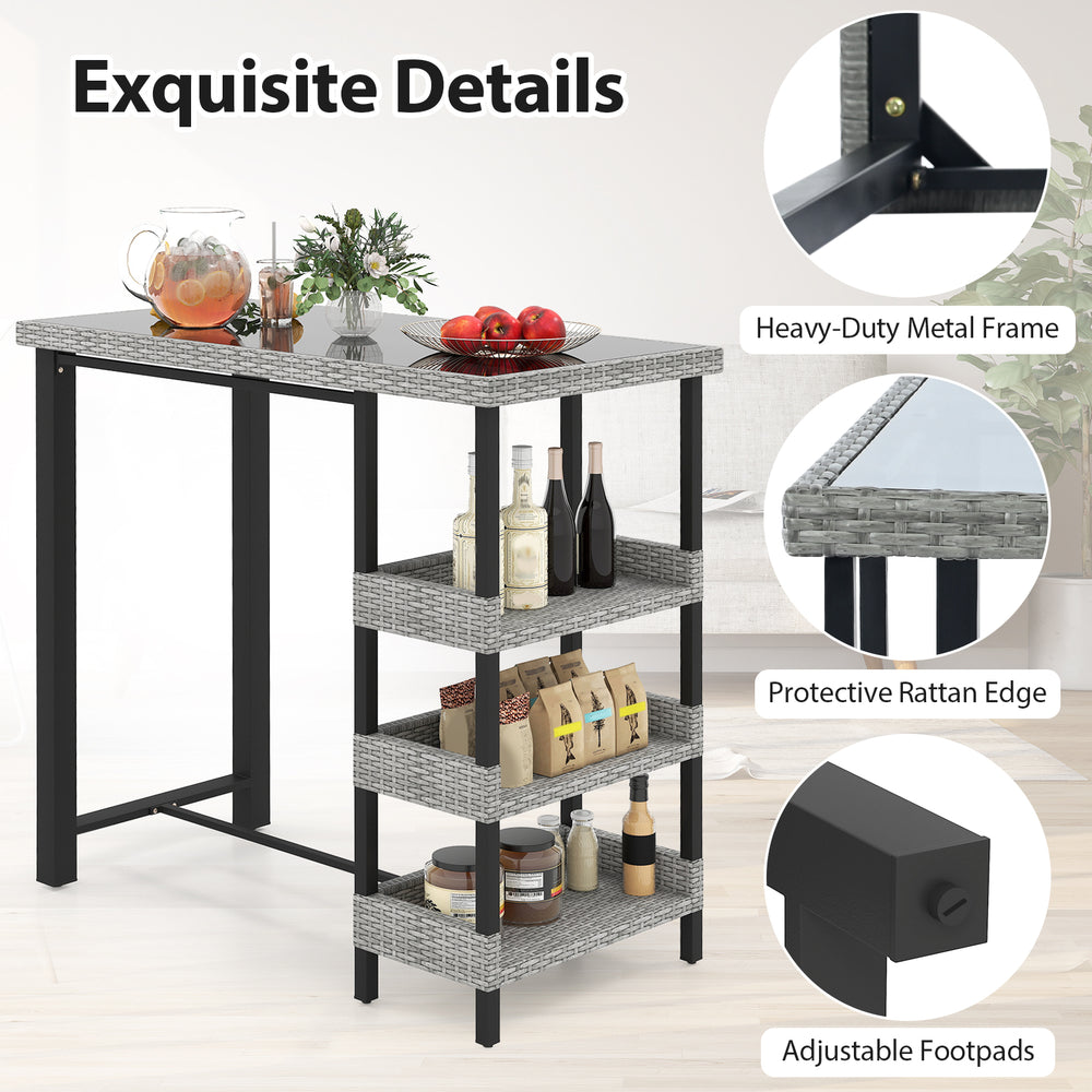 Outdoor bar table with tempered glass top, rattan edge, and three storage shelves, ideal for backyard or poolside use.